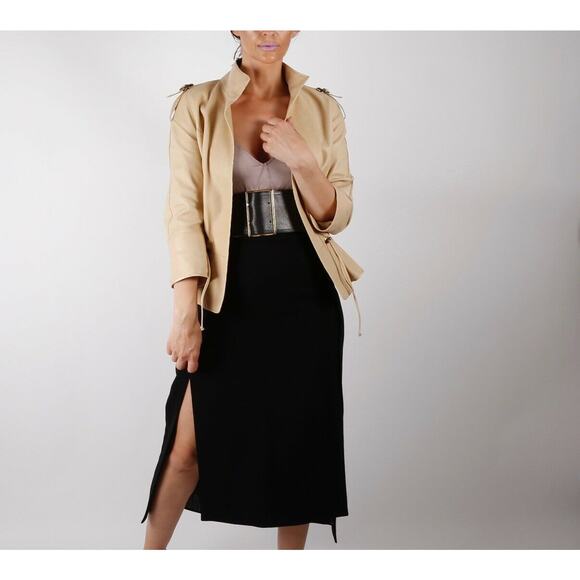 ZENOBIA Vintage Beige Soft Leather Drawstring Light Jacket Size 6 - Picture 1 of 12